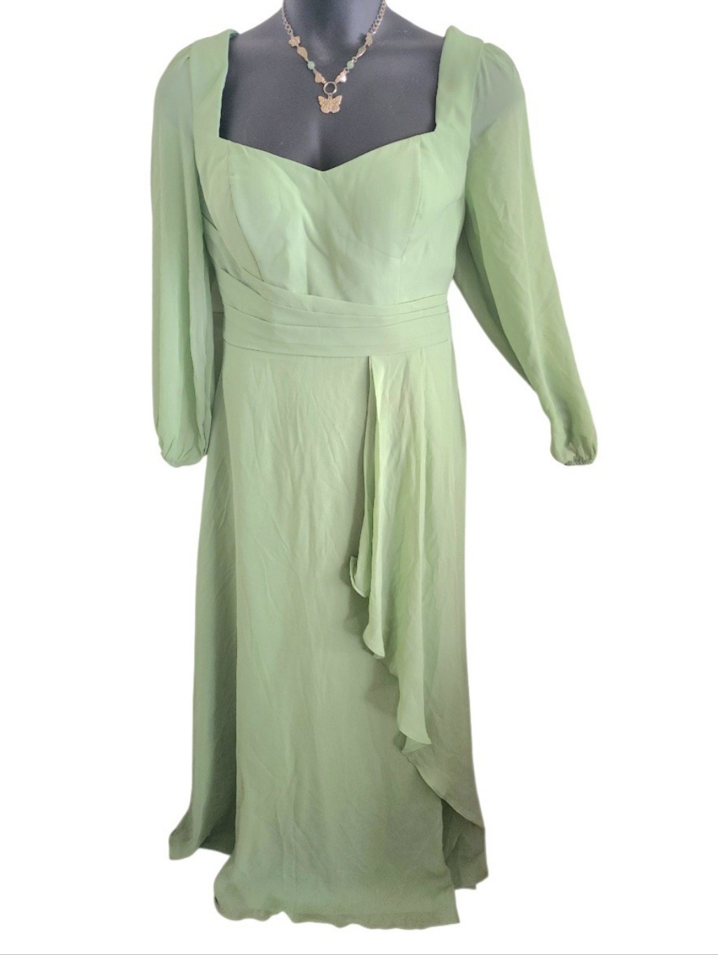 New Elegant Sage Green Sheer Long Sleeve Formal Dress Gown Plus Size 16